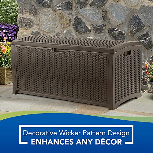 Suncast Outdoor Storage Box - 73 Gallon Mocha Brown Deck Box for Patio, weather-resistant Outdoor Storage Bench, Resin Wicker Style, Heavy-Duty, Lockable Lid for Cushions, Shoes, Pool & Garden Gear - style: Deck Box