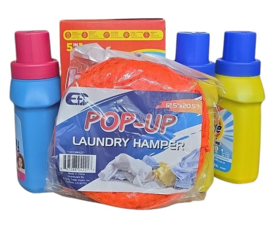 Dorm Room loundry kit, 12 Loads of Laundry Detergent, Fabric Softener, Dryer Sheets & Bonus Hamper
