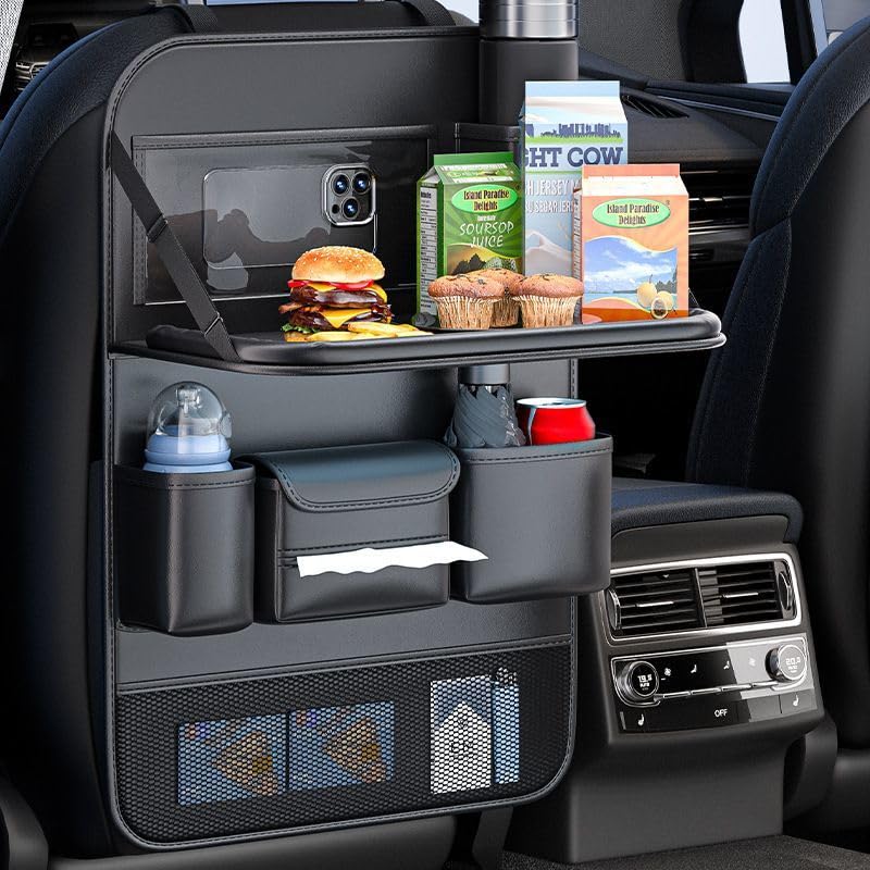 2 Pack Leather Car Backseat Organizer with Foldable Table Tray, Universal Car Seat Back Protector Kick Mat with Touchscreen Tablet Holder, Storage Pockets, Cup Holders & Tissue Holder, Black - color: Black