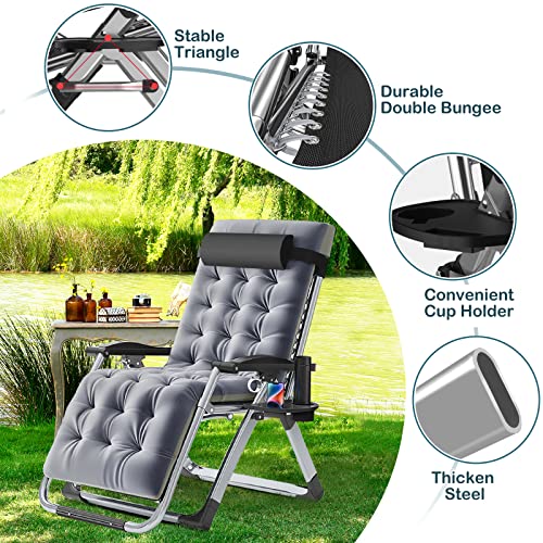 NAIZEA Padded Zero Gravity Chair, Folding Outdoor Lounge Chairs, Adjustable Reclining Camping Chairs with Cup Holder, Ergonomic Patio Lawn Chair for Balcony Beach Deck Yard - color: Grey, style: Zero Gravity Chair