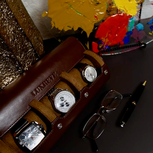 Luxury Father's Gift, Travel Watch Case 3 Slots, Bonus Pouch Included, Portable Organizer, PU Leather Watch Roll, Home Storage, Angled Easy-Removal Cushions, Scratch-Resistant Padded Velvet Lining - color: Brown/Light Brown