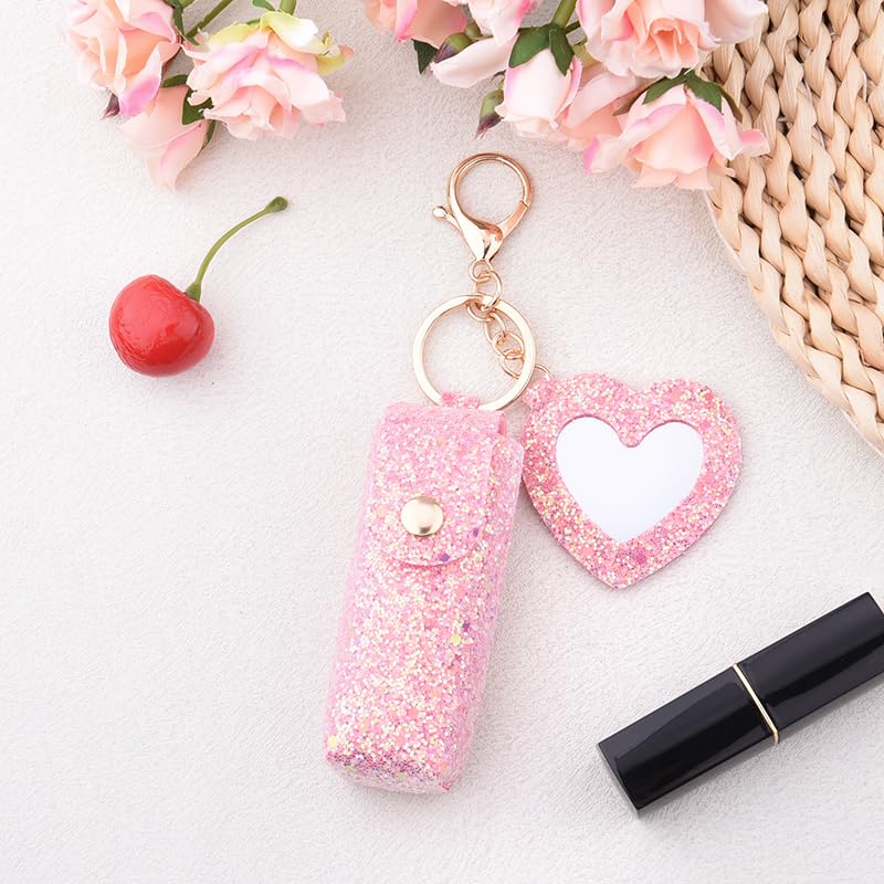 Sisadodo Glitter Lip Oil Holder Key Chains for Woman Lipstick Case with Mirror Lip Balm Keychain for Lipstick Case Keychain - color: Hot Pink-heart