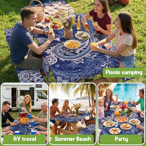 Picnic Table Cover with Bench Covers Waterproof Elastic Rectangle Reusable Folding Tablecloth Manteles Mantelería Camping Essentials Rv Car Travel Supplies Table Cloth Outdoor Road Trip Camper Gifts - color: Blue Paisley, size: 96in