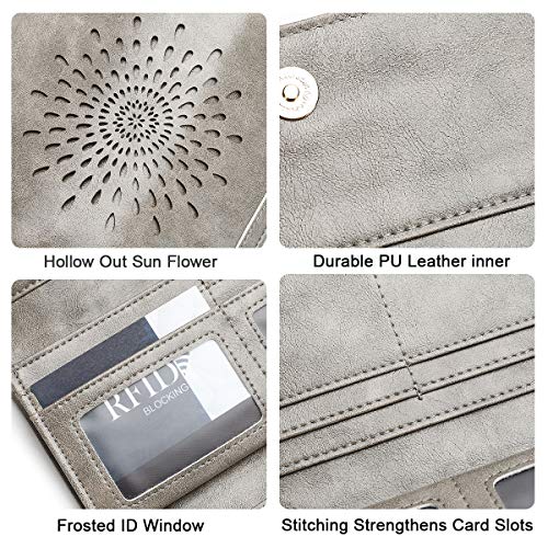 APHISON Womens Wallets RFID Blocking Leather Clutch Long Wallet for Women Card Holder Phone Organizer Ladies Travel Purse Hollow Out Sunflower Design Gift - color: Gray
