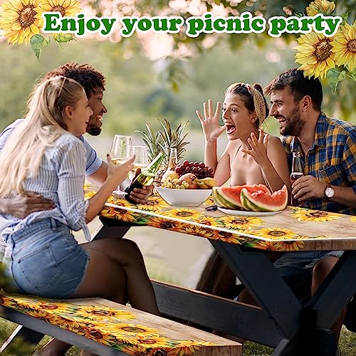 Boao 3 Pcs Vinyl Picnic Table Cover with Bench Cover 6 ft 30 x 72 Inch Waterproof Fitted Tablecloth Flannel Backing Rectangular Elastic Edged for Camping Outdoor Patio Travel(Retro Sunflower) - color: Retro Sunflower