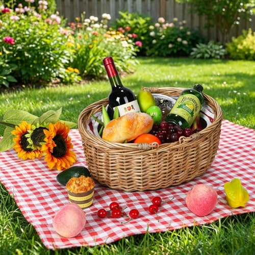 Wicker Picnic Basket with Insulated Lined Bag 15“ x 11” x 7“ Red, White Star Stripe Pattern, Iced Beer Insulated Bag for Camping, Picnics, Birthday Gifts, Wedding Gifts - color: Classic Red & White Stripes