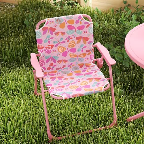 Qaba Kids Picnic Table and Chair Set, Outdoor Activity Table with Foldable Chairs, Removable Umbrella, Butterfly Pattern Toddler Patio Furniture for Backyard, Garden, Pink