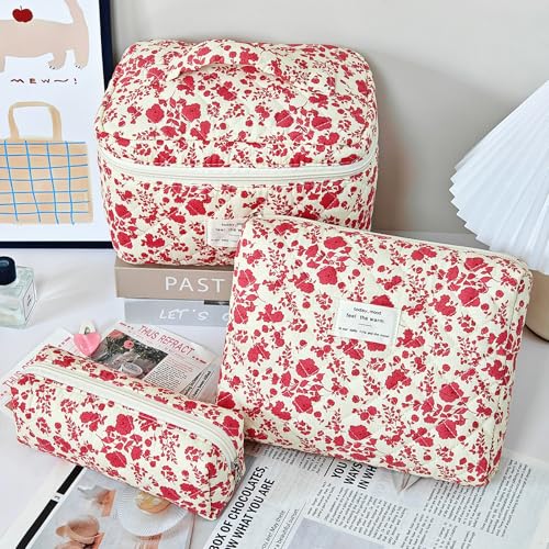 GISMTR 3Pcs Makeup Bag Cotton Quilted Travel Cosmetic Bag Cute Floral Makeup Pouch Large Toiletry Bag for Women Girls - color: Red flowers