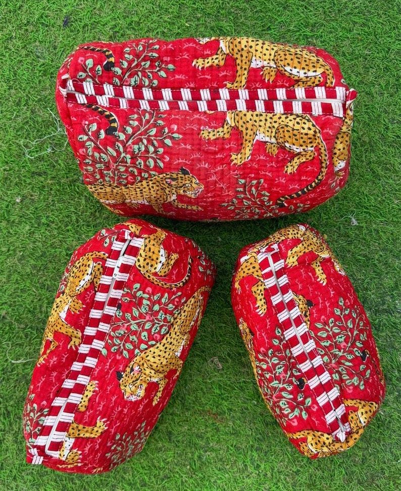 YILLE Set of 3 Pieces Block Printed Travel Organizer Kit Storage Bag for Women Makeup Bag Travel Cosmetic Bag (Red Cheetah) - color: Red Cheetah