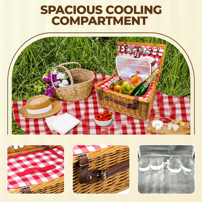Nature Gear Picnic Basket, Wicker Basket with Handle for Outdoors, Insulated Woven Basket, Includes a Service Kit of Dinnerware & Wine Glasses, Picnic Basket Set for 4 with Blanket, Red & White - color: Red & White & Blanket