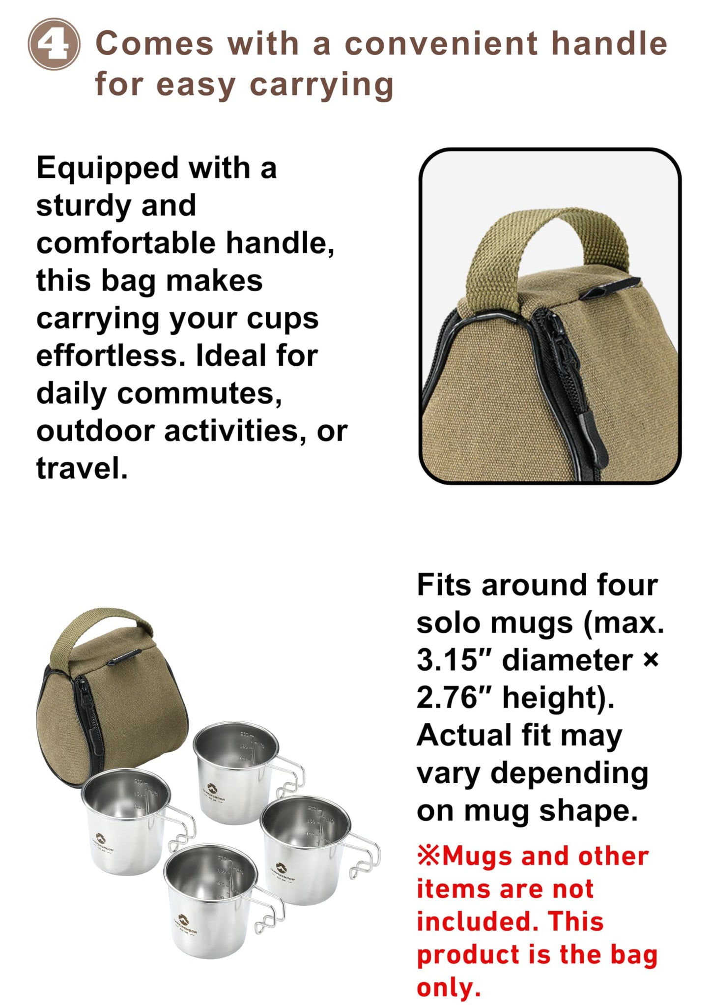 CAMPINGMOONMug Storage Case for 4 Solo Mugs (S-180/S-190) – Durable Canvas with Nylon Mesh, Convenient Handle & Smooth Zipper – Perfect for Travel, Picnic, and Outdoor Use S180-B