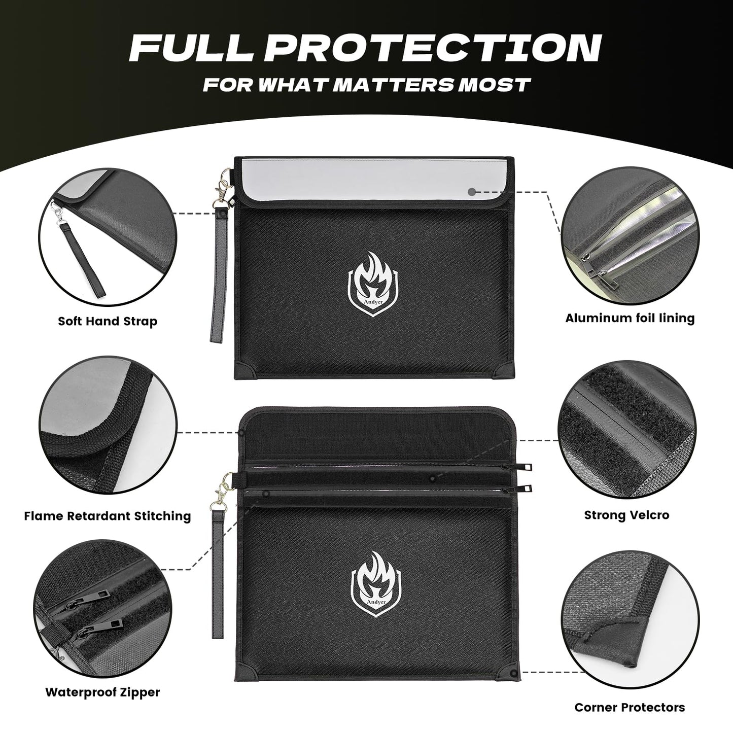 Andyer 2 Pockets Fireproof Document Bag, 6200°F Heat Shield for Valuables | 10-Layer Waterproof Fireproof Money Bag with Reflective Strip, Fire Proof Bag for Cash, Fire Safe Pouch for Home Emergency - color: Black