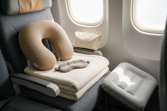 A bright airplane seat scene with a memory foam neck pillow, soft travel blanket, sleep eye mask, compact foot rest, and small travel pouch in clean neutral tones.