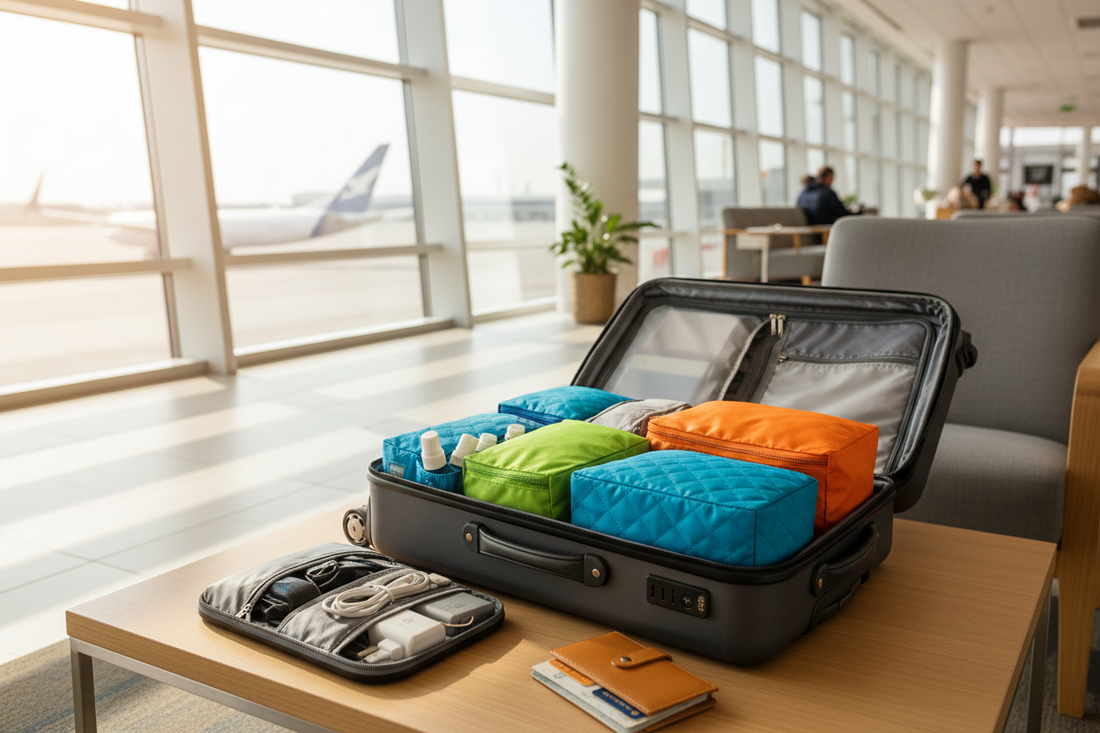 A bright airport lounge scene with an open carry-on suitcase, colorful packing cubes, toiletry pouch, tech organizer, and travel wallet arranged neatly in soft natural light.
