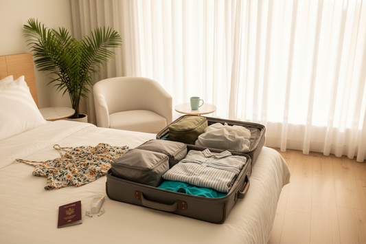 A bright hotel room scene with an open suitcase, light gray packing cubes, toiletry pouch, laundry bag, folded clothes, and compact travel essentials on a white bed.