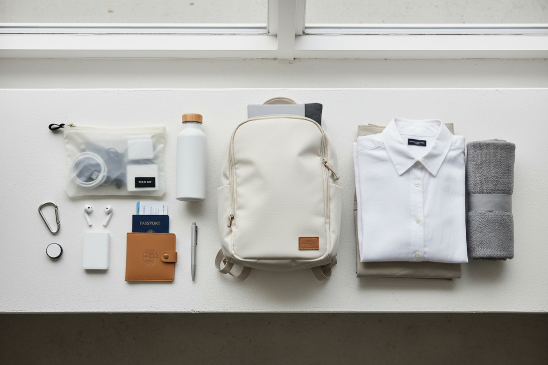 A bright minimal travel scene with a compact backpack, ultralight organizer pouch, refillable bottle, passport holder, foldable essentials, and lightweight travel accessories on a clean white bench.