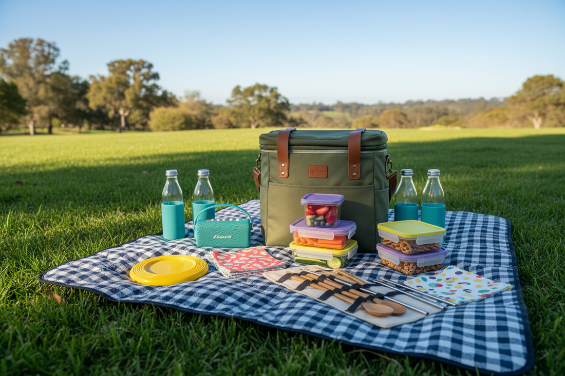A bright outdoor picnic scene with a waterproof picnic blanket, insulated cooler bag, food storage containers, reusable utensils, and compact travel accessories on soft green grass.