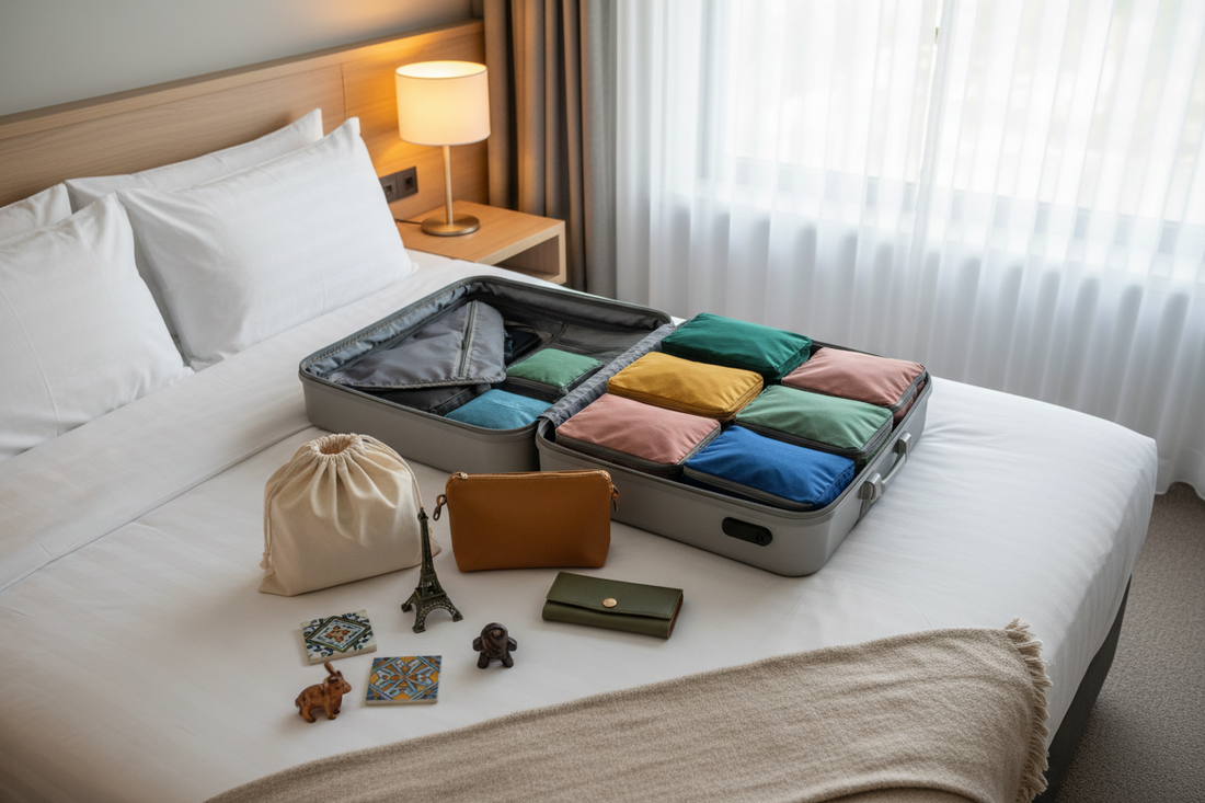A calm hotel room scene with an open suitcase, laundry pouch, packing cubes, toiletry bag, travel wallet, and small souvenirs arranged neatly on a white bed.