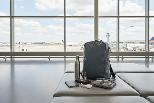 A clean airport waiting area scene with a compact travel backpack, passport holder, refillable bottle, tech organizer pouch, sunglasses case, and small travel essentials arranged nearby.