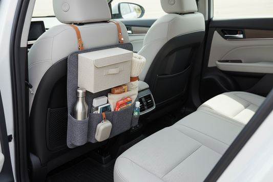 A clean modern car interior with a backseat organizer, foldable storage box, reusable bottle, small travel blanket, snack pouch, and compact road trip essentials.