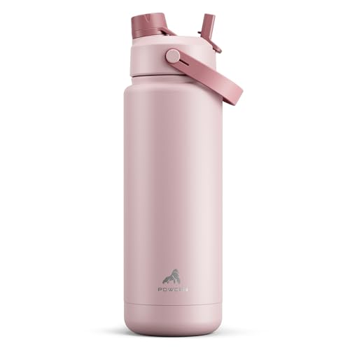 POWCAN 32 oz Insulated Water Bottle with 2-in-1 Straw and Spout Lid, Keep Cold 24H, Leak-Proof, BPA-Free, Double Wall Stainless Steel Water Bottle for Sports, Gym, Travel, and School (Dried Rose) - color: Dried Rose, size: 32 Ounces