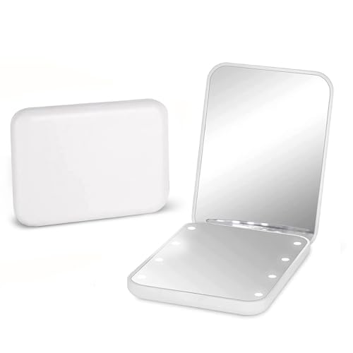 Kintion Pocket Mirror, 1X/3X Magnification LED Compact Travel Makeup Mirror with Light for Purse, 2-Sided, Portable, Folding, Handheld, Small Lighted Mirror for Gift, White - color: White
