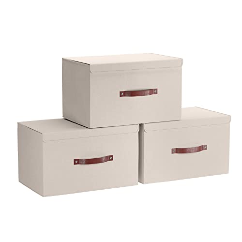 Ornavo Home 3 Pack Collapsible Storage Bins with Lid, Foldable Linen Fabric Shelf Storage Basket Closet Organizer and Large Storage Box for Clothes with Leather Handles, 15 x 10 x 9, Beige - color: Beige, size: Large - 3 Pack