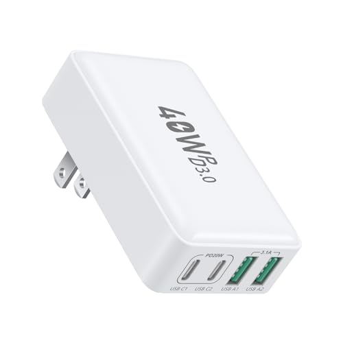 Flat USB C Charger Block, OKRAY 40W 4-Port Type C Fast Charging Brick Foldable Wall Plug, PD3.0&QC3.0 Multiport Slim Travel Power Adapter for iPhone 17 16e 16 15 14 13 12 Pro, iPad Air, Galaxy S25 A16 - color: White-1Pack