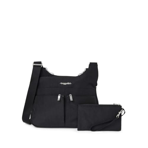 Baggallini Crossbody Travel Bag 11x8.5 Lightweight Water-resistant Nylon Handbag - color: Black With Sand Lining