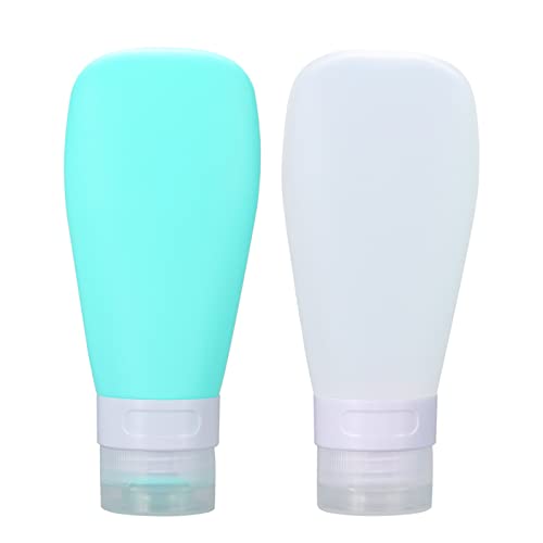 LUFEVRM 2 Pcs Silicone Travel Bottles,3oz Leak Proof Refillable Squeeze Containers with Transparent Carry Bag,Small Empty Travel Size Bottles for Shampoo,Conditioner,Lotion,Toiletries - color: 3oz Green White
