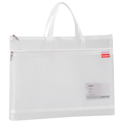 Pendancy Mesh Zipper Pouch A3 Size, Large Double Pocket Lightweight Nylon Transparent File Bag with Handle, 13x17 in Foldable Document Storage for Puzzle Project/Cross Stitch/Travel/Office (White) - color: Translucent White, style: DIY Label Type A3 Size(