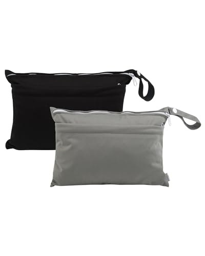 babygoal Wet Dry Bags for Baby Cloth Diapers, Washable Travel Bags, Beach, Pool, Gym Bag for Swimsuits & Wet Clothes with Two Zippered Pockets 2 Pack Small Size 2LNS01 - color: Black&Grey