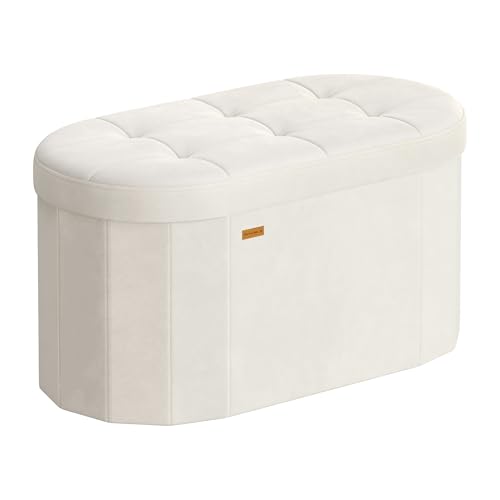 SONGMICS Mazie Collection - Folding Ottoman with Storage, Oval Storage Ottoman Bench, for Living Room, Bedroom, Velvet Fabric, 15 x 30 x 15 Inches, Cream White ULSF267LH01 - color: Cream White, size: 15"D x 30"W x 15"H