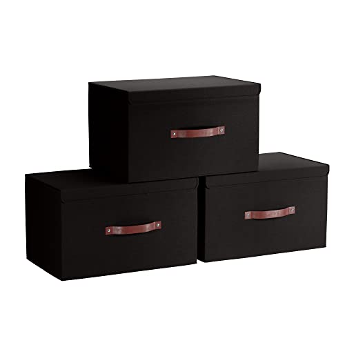 Ornavo Home 3 Pack Collapsible Storage Bins with Lid, Foldable Linen Fabric Shelf Storage Basket Closet Organizer and Large Storage Box for Clothes with Leather Handles, 15 x 10 x 9, Black - color: Black, size: Large - 3 Pack