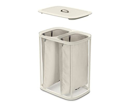 Joseph Joseph Tota 90 liter/23.8 gallon Laundry Hamper Separation Basket with lid, 2 Removable Washing Bags with Handles - Ecru - color: Ecru, style: Dual Compartment 90L
