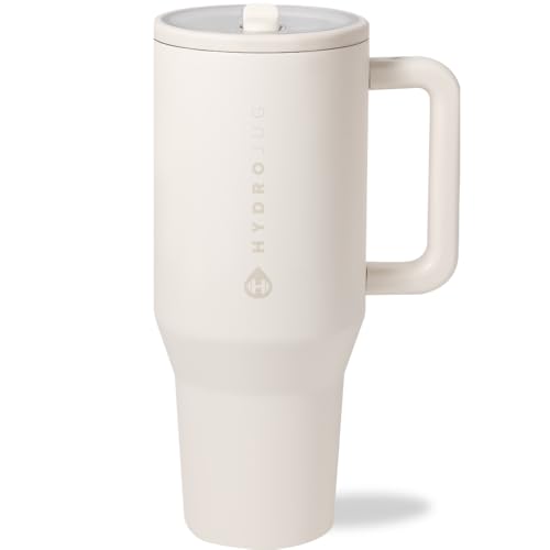 HydroJug Traveler - 40 oz Water Bottle with Handle & Flip Straw - Fits in Cup Holder, Leak Resistant Tumbler-Reusable Insulated Stainless Steel & Rubber Base - Gifts for Women & Men, Cream - color: Cream, size: 40oz