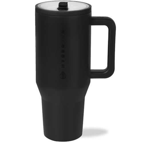 HydroJug Traveler - 40 oz Water Bottle with Handle & Flip Straw - Fits in Cup Holder, Leak Resistant Tumbler-Reusable Insulated Stainless Steel & Rubber Base - Gifts for Women & Men, Black - color: Black, size: 40oz