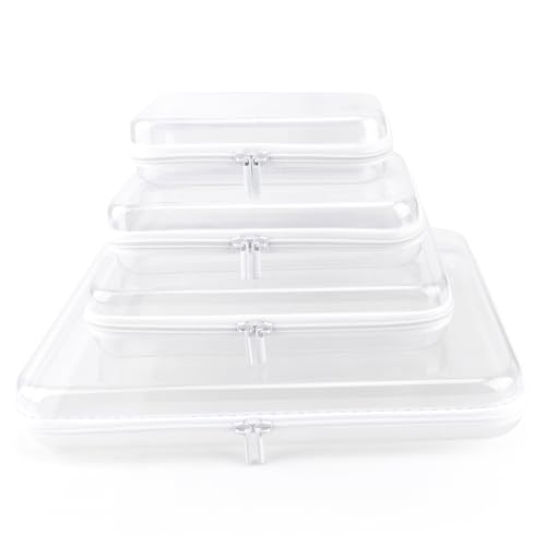 YOPCDJ Clear Hard Shell Zipper Case, Clear Zipper Pouches Waterproof Makeup Organizer & Travel Toiletry Storage Bag, Plastic Pouch for Office, Home, White, 4Pack XL+L+M+S - color: White, size: XL+L+M+S