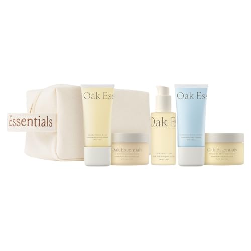 Oak Essentials Travel Body Routine, 5-Piece Body Care Set: Wash, Scrub, Lotion, Oil and Balm, Linen Bag Included, Gift Set for Women, TSA-Friendly Travel Sizes