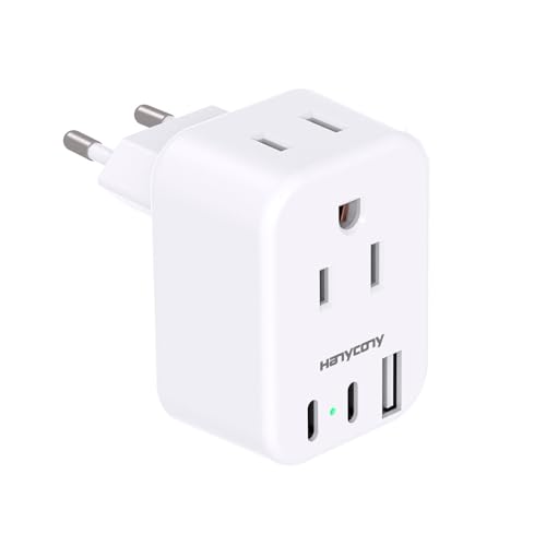 European Travel Plug Adapter USB C, HANYCONY International Plug Adapter, US to Europe Adapter Plug 2 Outlets 3 USB Ports(2 C Port), Type C Power Adapter to Italy Spain France Portugal Iceland Germany - style: Type C - Most of Europe