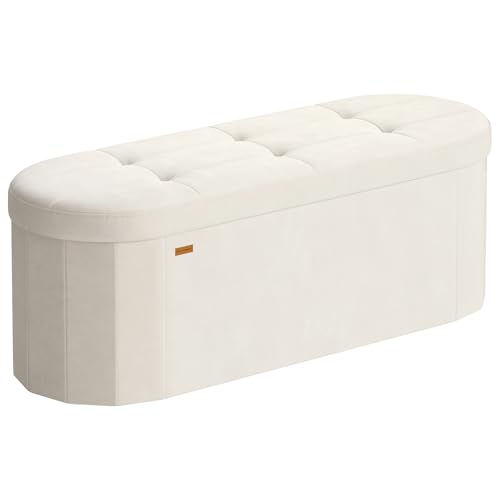 SONGMICS Mazie Collection - Folding Ottoman with Storage, Oval Storage Ottoman Bench, for Living Room, Bedroom, Velvet Fabric, 15 x 43 x 15 Inches, Cream White ULSF297LH01 - color: Cream White, size: 15"D x 43"W x 15"H