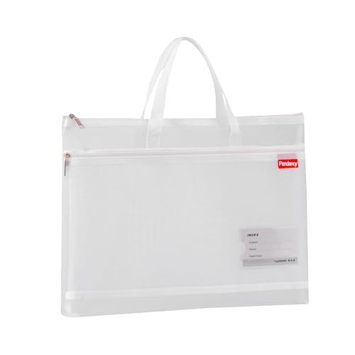 Pendancy Mesh Zipper Pouch A4 Size, Large Double Pocket Lightweight Nylon Transparent File Bag with Handle, 11x13.8 in Foldable Document Storage for Puzzle Project/Cross Stitch/Travel/Office (White) - color: Translucent White, style: DIY Label Type A4 Siz