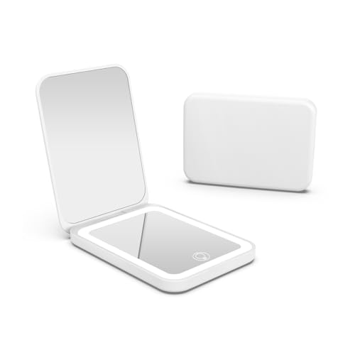 Kintion 2025 Pocket Mirror, Rechargeable Dimmable 3 Color Lighting 1X/3X LED Compact Travel Makeup Mirror for Purse, Portable, Folding, Handheld, Small Lighted Mirror for Women Gift, White - color: White