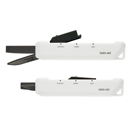 KOKUYO 2-Way Portable Scissors, HAKO-AKE Compact Pocket Size Travel Scissors, Black Blade All Purpose Craft Scissor Box Cutter for Office, Travel and Home. White(Hasa-T420W) - color: White