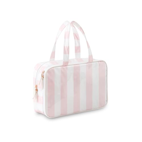 Travel Toiletry Bag for Women, Waterproof Clear Coated Portable Stripe Makeup Cosmetic Bag with Compartment, Travel Organizer for Shampoo, Conditioner, Brushes Set,Cosmetic Accessories(White-Pink) - color: Pink-White