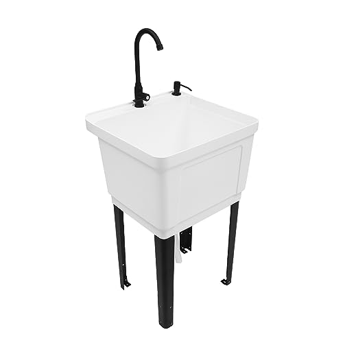 White Utility Sink, 19.3 Inch Standalone Sink with Faucet+Soap Dispenser+Drain Pipe Kit, Ideal for Restaurant, Utility & Laundry Rooms - color: White, 19.7 x 19 x 33.1in
