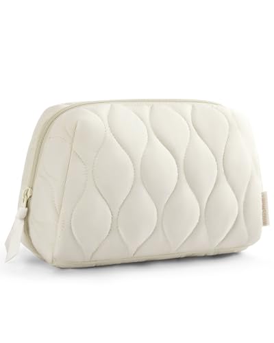 BAGSMART Makeup Bag, Travel Cosmetic Bag, Puffy Padded Make Up Bag for Women, Makeup Organizer Case, Wide-open Pouch Purse, Travel Essentials, Toiletries Accessories Brushes, Beige - color: E-Beige