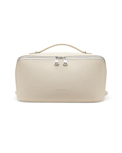 EACHY Travel Makeup Bag, Lychee Leather Large Capacity Cosmetic Bag for Women, Open Flat Toiletry Bag with TPU Brush Compartment, Waterproof Skincare Organizer Travel Essentials - color: AB-White, size: Medium