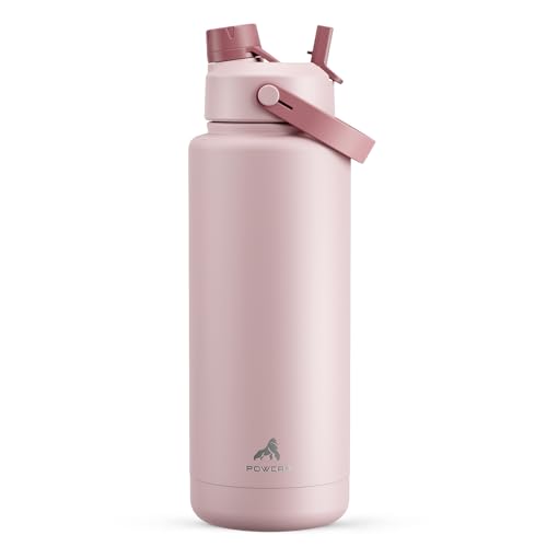 POWCAN 40 oz Insulated Water Bottle with 2-in-1 Straw and Spout Lid, Keep Cold 24H, Leak-Proof, BPA-Free, Double Wall Stainless Steel Water Bottle for Sports, Gym, Travel, and School (Dried Rose) - color: Dried Rose, size: 40 Ounces