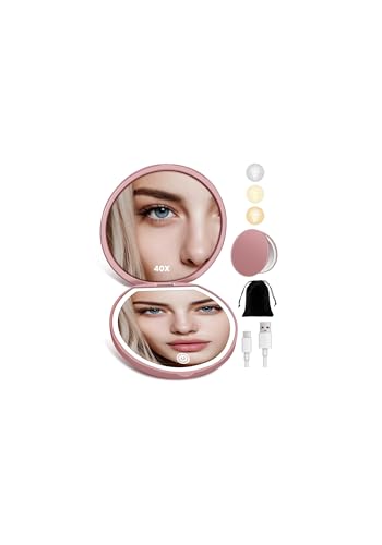 Compact Mirror with Light, Rechargeable 40X Magnifying Mirror with 3 Lighting Modes & Dimmable Brightness, Portable Travel Makeup Mirror; Essentials for Travel, Pocket, Purse Gifts Rose - color: Rose